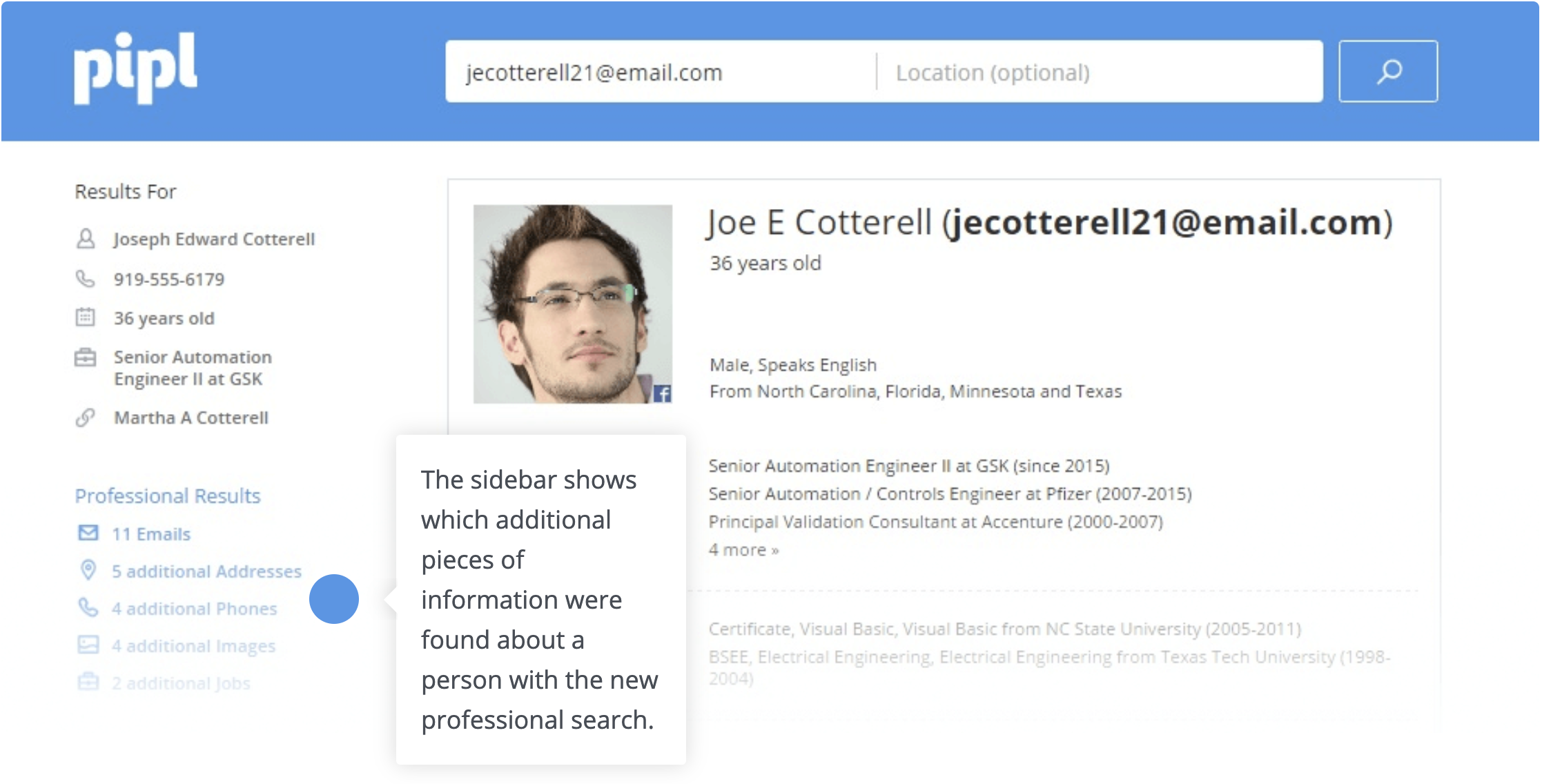 The sidebar shows which additional pieces of information were found about a person with the new professional search
