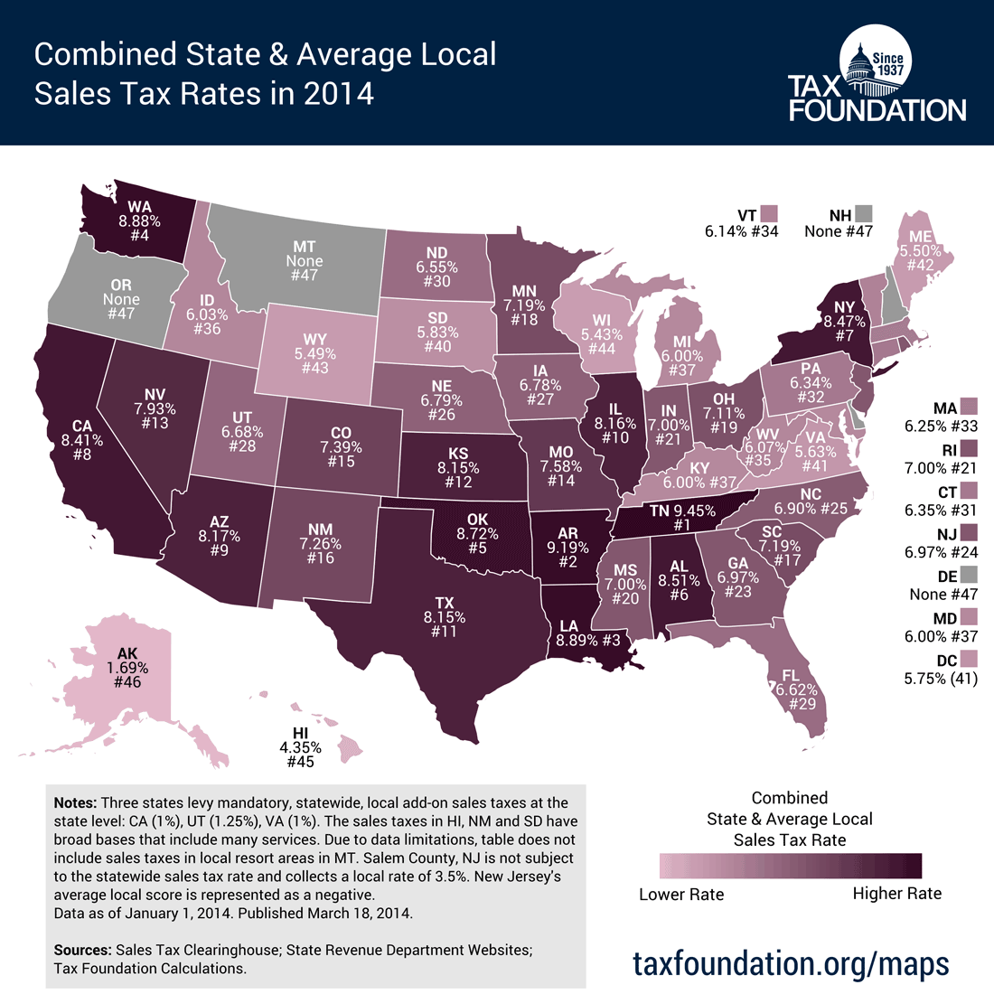 Sales tax map of of the U.S. (Courtesy of the Tax Foundation)